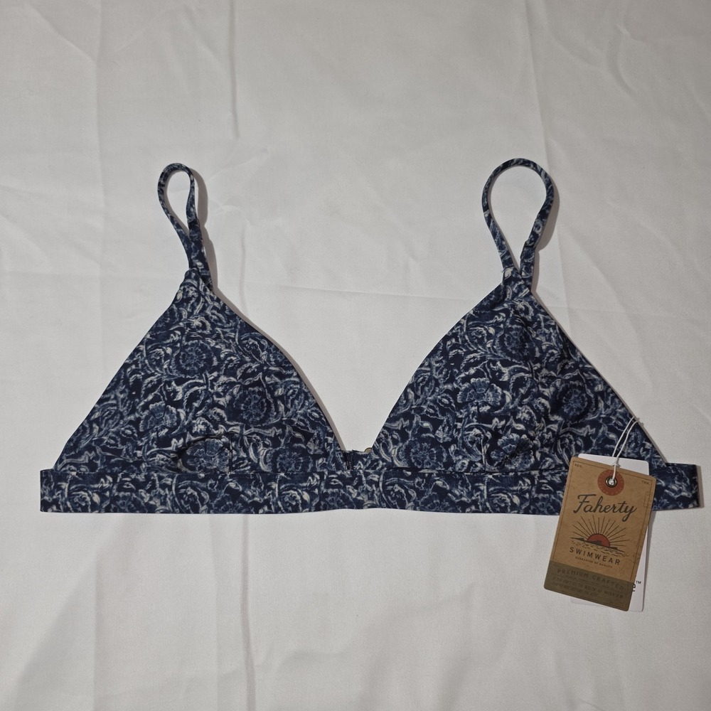 Faherty Navy Blue Floral Triangle Bikini Top